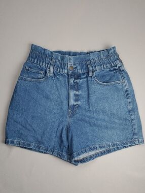 High-Rise Blue Denim Paperbag Shorts for Women
